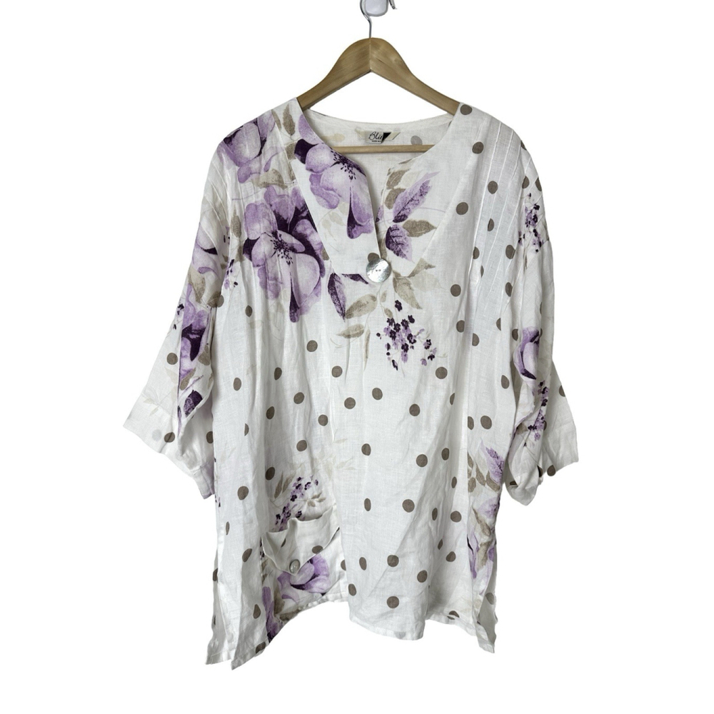 BLITZ Italy 100% Linen Floral Tunic Top Plus Sz 2X Mother Of Pearl Buttons Boho